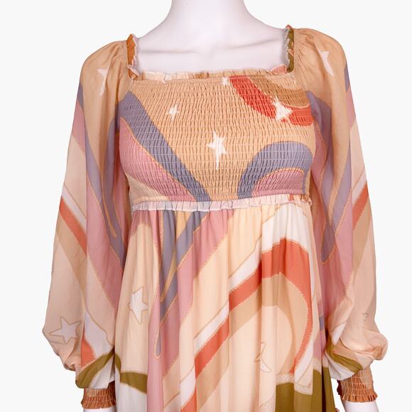 NWOT AURA Retro Starburst Long-Sleeve Tiered Midi Dress (Orange/Peach | Size XS) - Picture 5 of 9